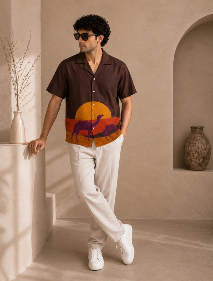 Brown Camel Printed Unisex Half Sleeves Shirt