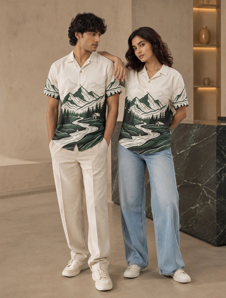 Green Scenery Printed Unisex Half Sleeves Shirt