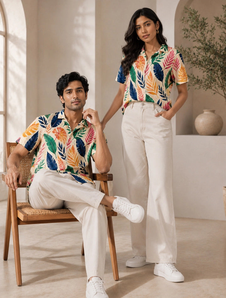Multi Leaves Printed Unisex Half Sleeves Shirt