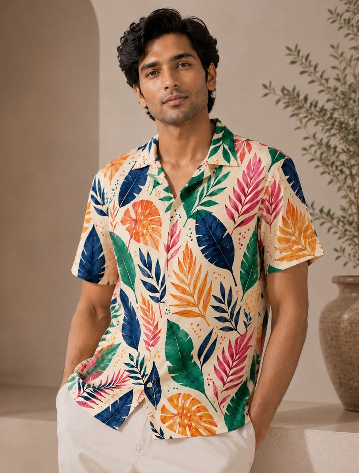 Multi Leaves Printed Unisex Half Sleeves Shirt