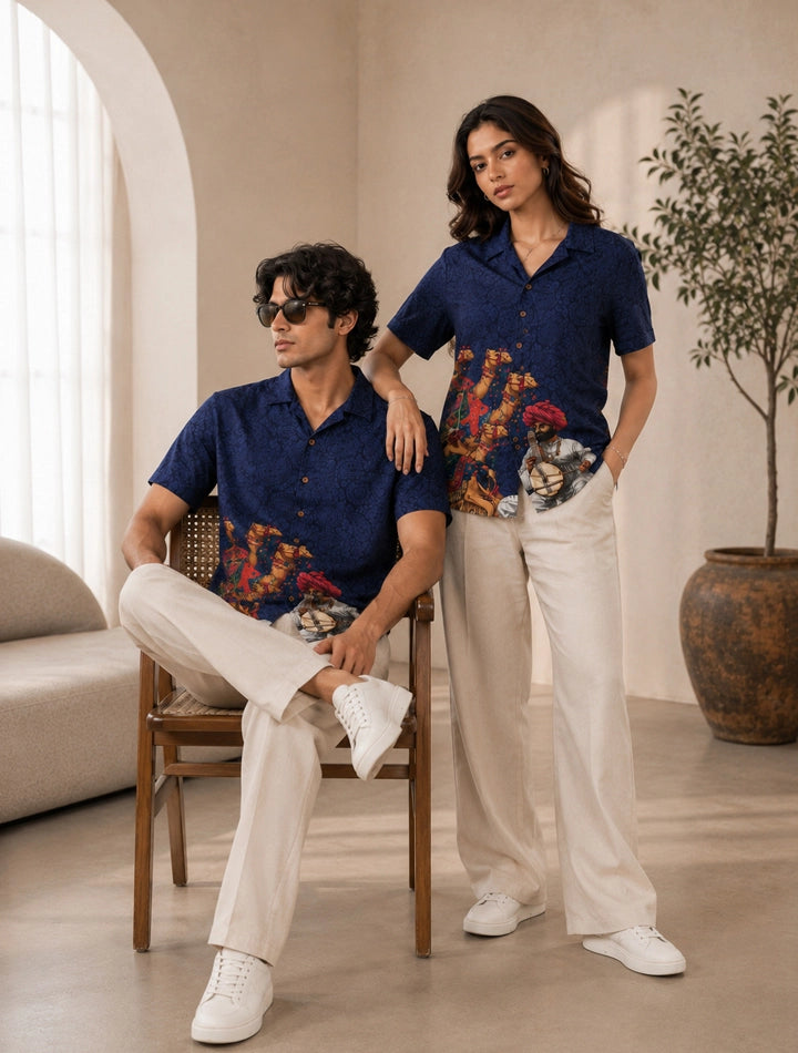 Navy Camel Printed Unisex Half Sleeves Shirt