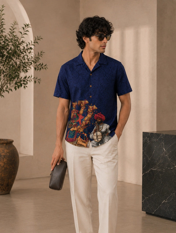 Navy Camel Printed Unisex Half Sleeves Shirt