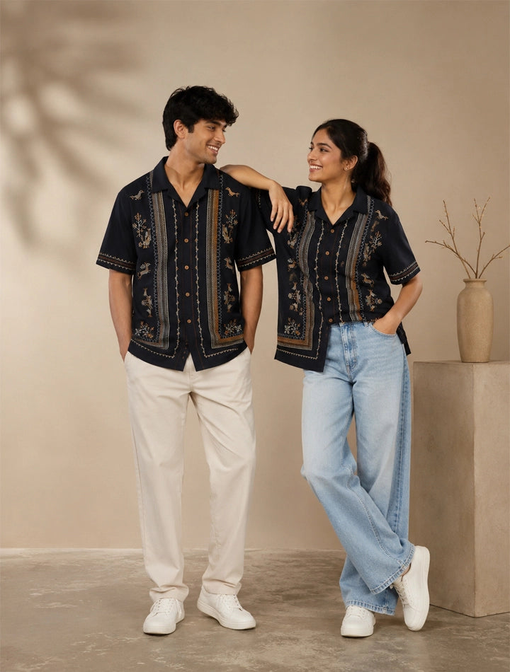 Navy Embroidery Printed Unisex Half Sleeves Shirt
