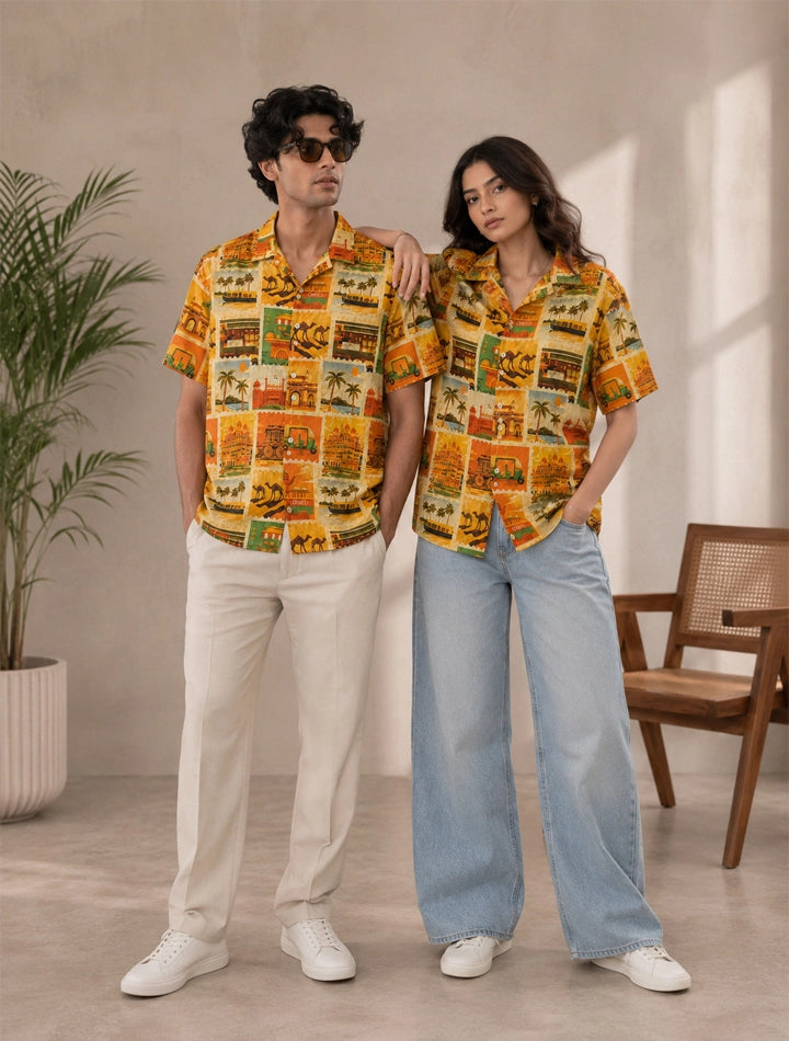 Yellow Printed Unisex Half Sleeves Shirt