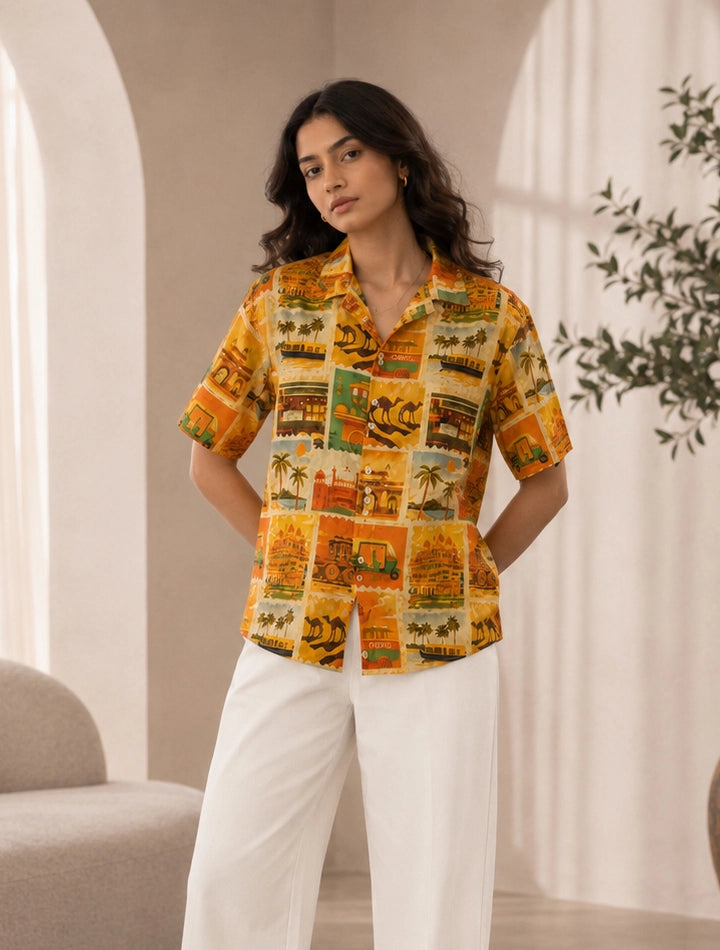 Yellow Printed Unisex Half Sleeves Shirt