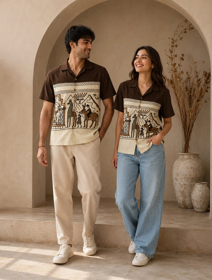 Brown Egyption Pattern Mens Half Sleeves Shirts - XPST