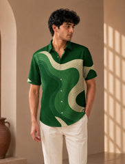 Dark Green Wavy Printed Mens Half Sleeves Shirts Exclusive - XPST